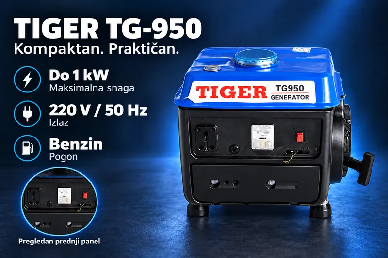TIGER TG-950 s uvećanim prednjim panelom: do 1 kW maksimalne snage, 220 V / 50 Hz, benzinski pogon.