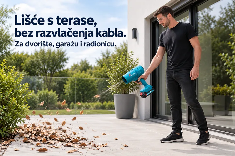 Primjer čišćenja suhog lišća s terase BOASHI puhačem.