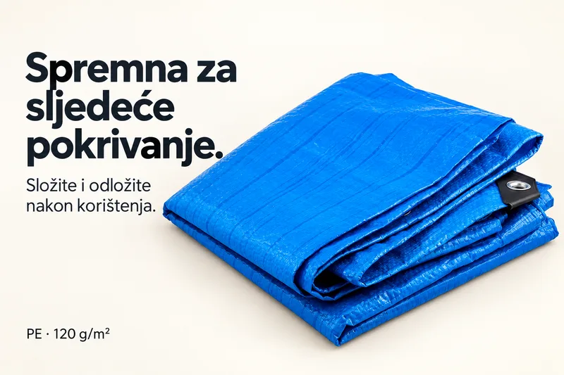 Složena plava PE cerada s ojačanim uglom, spremna za odlaganje nakon korištenja.