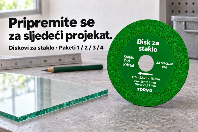 Disk za staklo uz mjerni pribor i komad stakla. Pribor i staklo nisu dio paketa.
