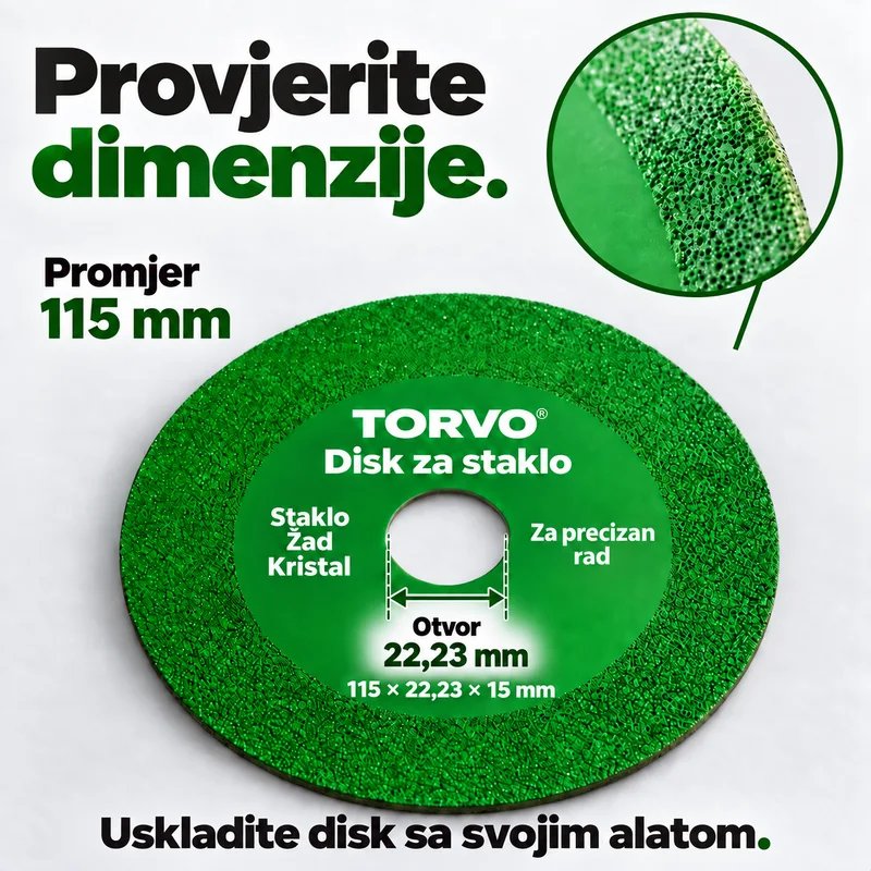 Dimenzije zelenog diska: 115 × 22,23 × 15 mm.