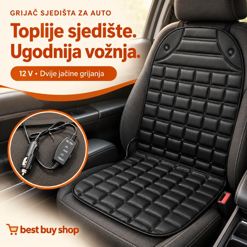 Crni grijač sjedišta s napajanjem 12 V i dvije jačine grijanja.