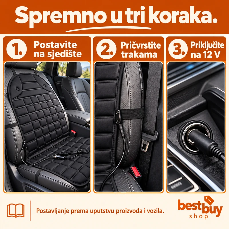 Tri koraka: postavite na sjedište, pričvrstite trakama i priključite na 12 V.