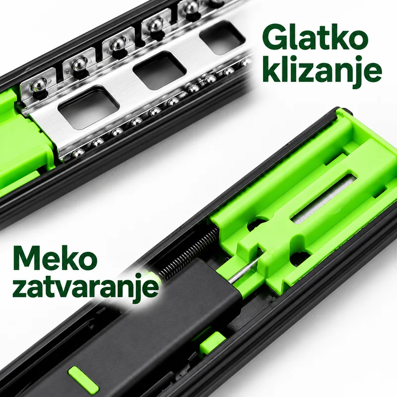 Glatko klizanje i meko zatvaranje: krupni plan kuglične vodilice i zelenog Soft-Close mehanizma u crnom metalnom kućištu.