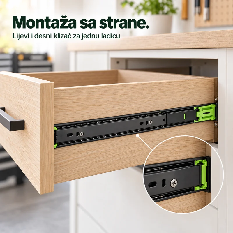 Montaža sa strane. Crni klizač pričvršćen uz bočnu stranicu drvene ladice, s uvećanim detaljem spoja.