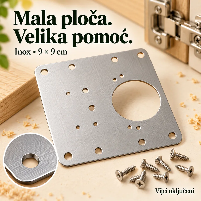 Krupni prikaz inox ploče 9 × 9 cm i priloženih vijaka.