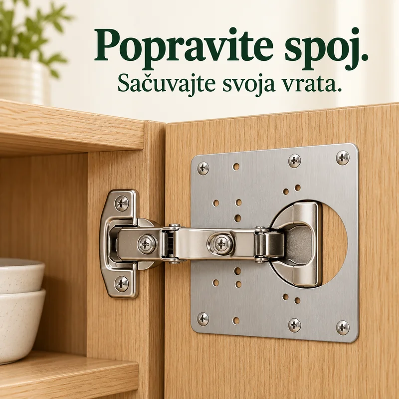 Ilustrativni prikaz inox korekcijske ploče uz šarku na vratima ormara. Popravite spoj, sačuvajte svoja vrata.
