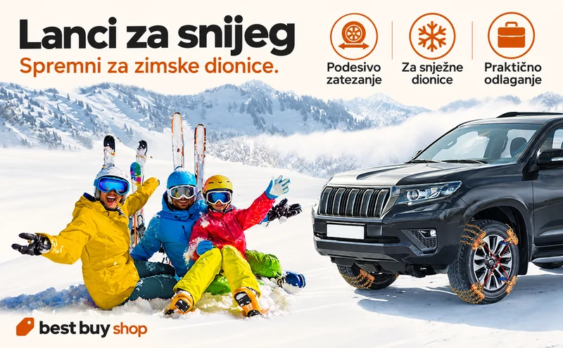 Zimski izlet i ilustrativni prikaz vozila s lancima na snijegu.