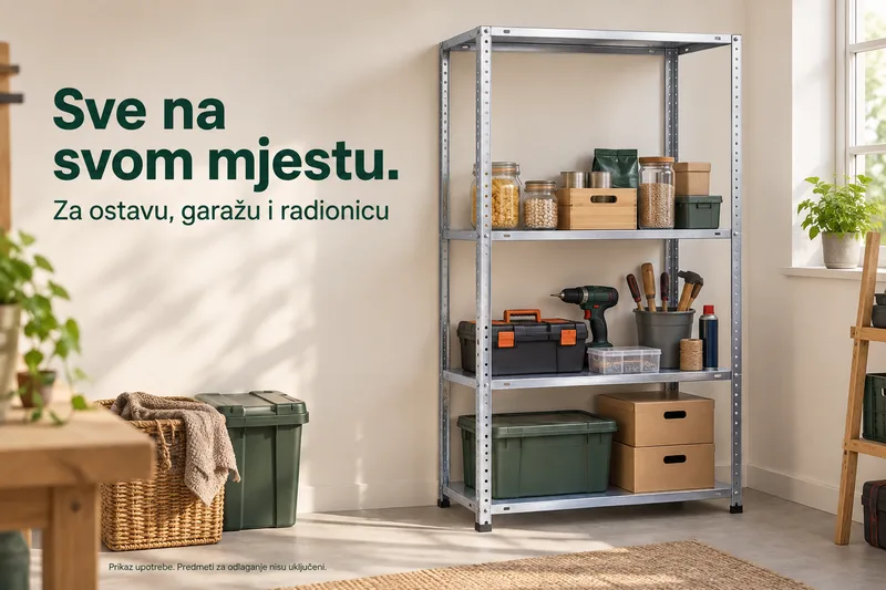 Primjer organizacije ostave s manjom FORTE policom i četiri metalne etaže. Predmeti za odlaganje nisu uključeni.