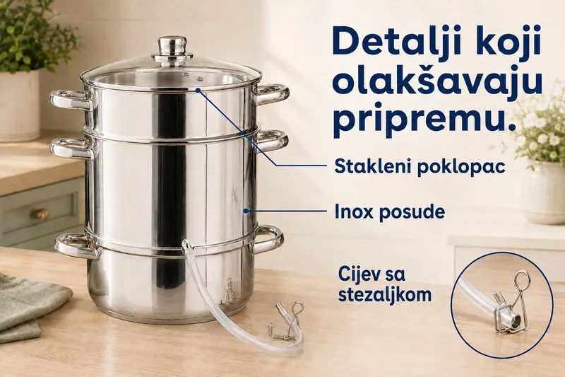 Detalji koji olakšavaju pripremu: stakleni poklopac, inox posude i cijev sa stezaljkom.