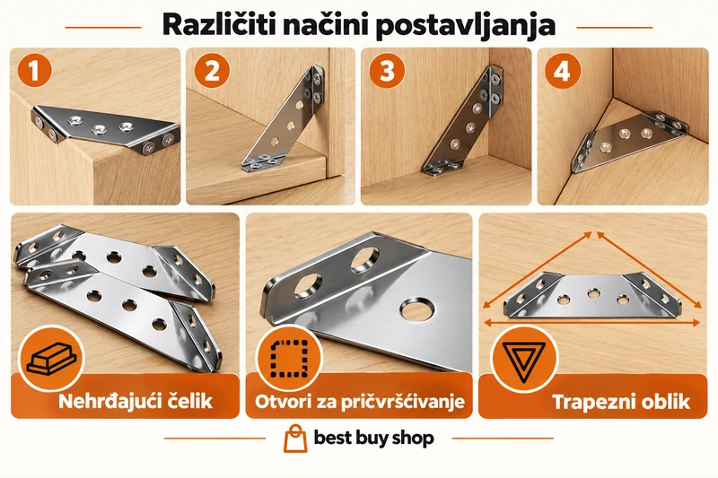 Različiti načini postavljanja: četiri prikaza položaja kutnika na drvenim spojevima, inox materijal, otvori za pričvršćivanje i trapezni oblik.