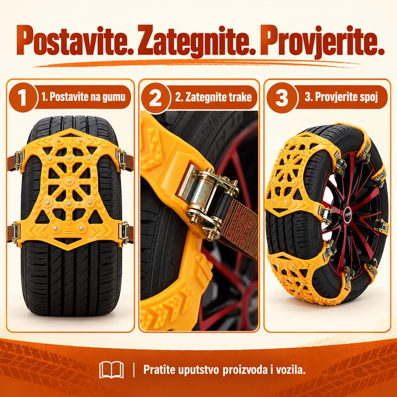 Ilustracija montaže: postavite na gumu, zategnite trake i provjerite spoj prema uputstvu.