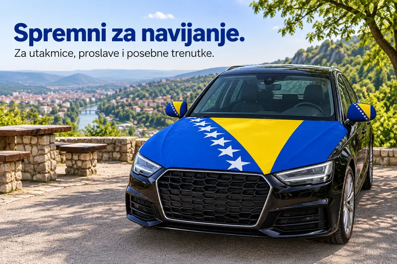 Ilustracija parkiranog automobila sa zastavom BiH na haubi i navlakama na retrovizorima.