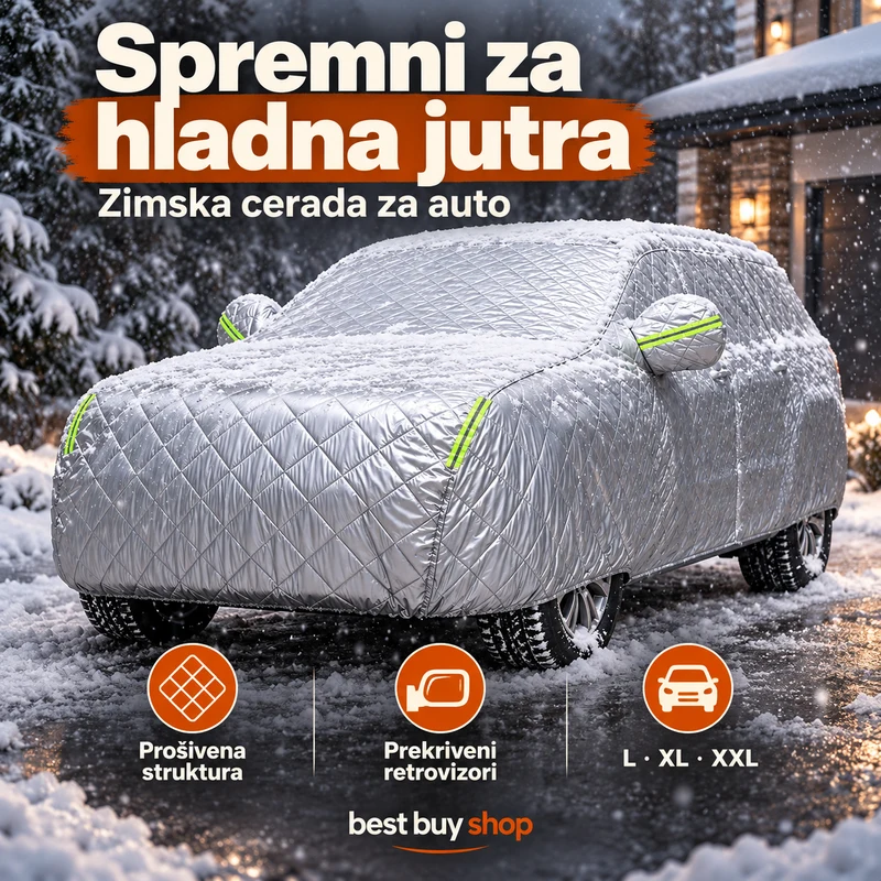 Best Buy zimska cerada preko cijelog vozila: prošivena struktura, prekriveni retrovizori i veličine L, XL i XXL.
